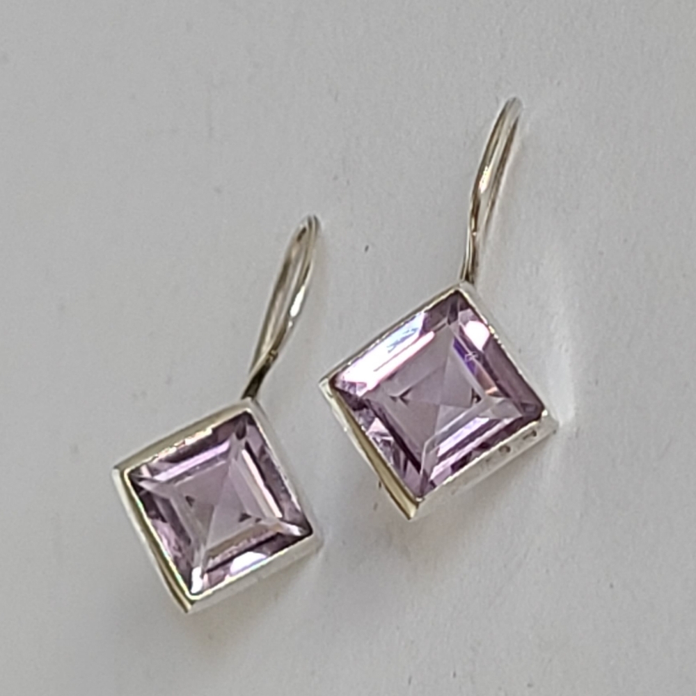 Purple Amethyst Gemstone Sterling Silver Boho Square Diamond Drop Earrings